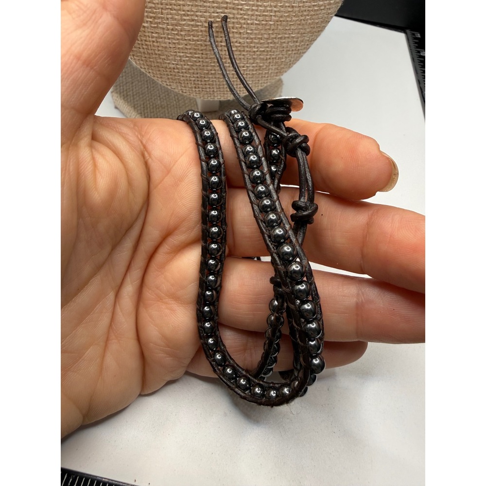 Hematite Bead Leather Wrap Bracelet Brown Cord Silver Button Toggle Boho 14 Inch